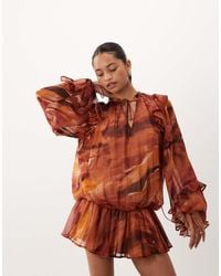 ASOS - Chiffon Blouson Mini Dress With Ruffle Shoulder Detail - Lyst