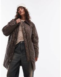 TOPSHOP - Manteau long en nylon à col en velours côtelé - carreaux - Lyst