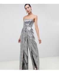 ASOS Asos Design Tall Structured Bandeau Jumpsuit With Split Leg In Silver Jacquard - Metallic
