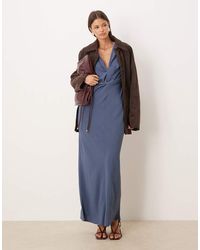ASOS - Vestido Midi Azul Denim Con Detalles Anudados Y Drapeados En La Parte Delantera De - Lyst