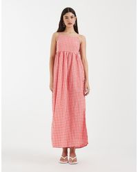 Pieces - Vestido Largo A Cuadros Vichy Rosas Y Rojos De Tirantes De Sirsaca - Lyst