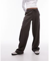 TOPSHOP - Pantalon droit taille basse en lin avec cordon à la taille - anthracite - Lyst