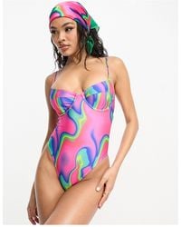 South Beach - – bügel-badeanzug mit hohem beinausschnitt und neonfarbenem marmorprint - Lyst