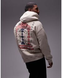 TOPMAN - Felpa Oversize Color Pietra Slavato Con Cappuccio, Stampa Di Colonna E Ricamo - Lyst