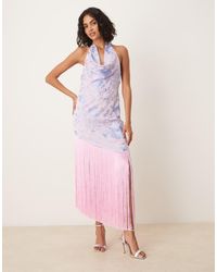 Mango - Premium Halterneck Embroidered Floral Maxi Dress With Fringing - Lyst