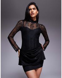 ASOS - Hoogsluitende Kanten Mini Jurk Met Lange Mouwen En Gedrapeerde Overlay-Rok - Lyst