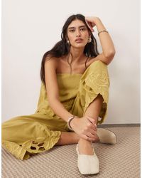 arrange cotton floral embroidered plunge midi dress in buttermilk ARRANGE drop waist floral embroidered maxi dress in buttermilk