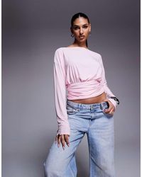 ASOS - Top Rosa Pastel Asimétrico De Manga Larga Con Detalle De Cintura Ceñida De - Lyst
