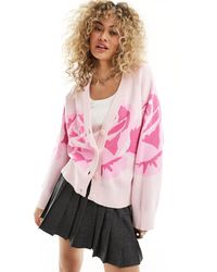Monki - Knitted V Neck Cardigan With Oversize Pink Rose Pattern - Lyst