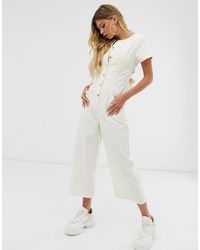 ASOS Denim Button Through Jumpsuit With Open Back - White