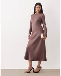 Mango - Round Neck Satin Long Sleeve Maxi Dress - Lyst