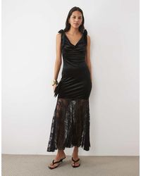 New Look - Bow Detail Velvet & Lace Mix Midi Dress - Lyst