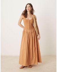 ASOS - Robe longue avec jupe en popeline et corsage côtelé à boutons et encolure dégagée - rouille - Lyst