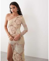 ASOS - Vestito Lungo Monospalla All'Uncinetto Decorato Con Perline Pastello E Spacco - Lyst