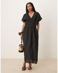 Mango - Ramie Linen Blend Drape Sleeve Midaxi Dress With Ruched Pleated Detail Waist And Side Split - Lyst