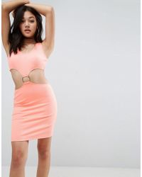 ASOS Asos Bodycon Dress With Ring Detail In Fluro Rib - Orange