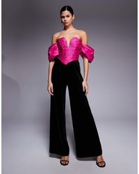 ASOS - Off The Shoulder Satin And Velvet Jumpsuit - Lyst