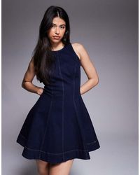 Bardot - Palmer Denim Racer Neck Seam Detail Fit And Flare Full Skirt Mini Dress - Lyst