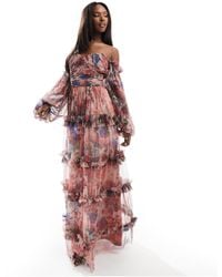 LACE & BEADS - Sheer Sleeve Ruffle Tulle Maxi Dress - Lyst