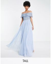Beauut - Tall - vestito lungo da damigella con scollo bardot e decorazioni, colore azzurro - Lyst