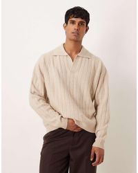 ASOS - Oversized Geribbelde Gebreide Polo Met Kraag Met Inkeping En Lange Mouwen - Lyst