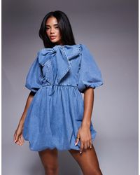 ASOS - Denim Bubble Hem Mini Dress With Pussy Bow Lightwash - Lyst