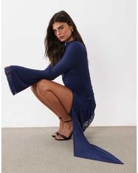 ASOS - Mesh Mini Bodycon High Neck Long Sleeve Ruched Dress With exaggerated Sash Detail - Lyst