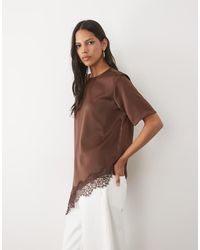 River Island - Asymmetric Lace Satin T-Shirt - Lyst