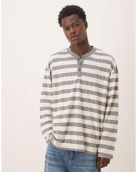 ASOS - Oversized Gestreept T-Shirt Van Zware Stof Met Lange Mouwen En Henley-Hals - Lyst