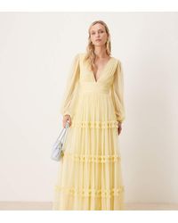 LACE & BEADS - Tulle V Neck Sheer Sleeve Maxi Dress - Lyst