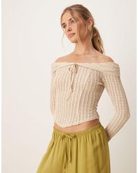 ASOS - Top texturé à manches longues et épaules dénudées avec détail noué - taupe - Lyst