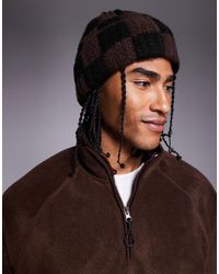 ASOS - Bonnet en maille côtelée motif damier - marron et noir - Lyst