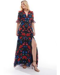 Hope & Ivy - Robe longue à imprimé et dos ouvert avec manches volantées et fente sur la cuisse - rouge/ - Lyst