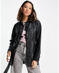 TOPSHOP Faux Leather Long Sleeve Belted Shirt Jacket - Black