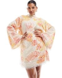 ASOS - Curve - vestito corto accollato con frange e paillettes a fiori arancioni - Lyst