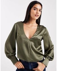 ASOS - Satin Long Sleeve V Neck Blouse - Lyst