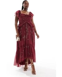 ASOS - Asos design curve - robe mi-longue ornementée à épaules dénudées avec découpes et volants - bordeaux - Lyst