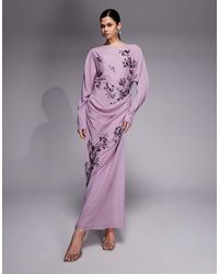 ASOS - Floral Embellished Long Sleeve Draped Maxi Dress - Lyst