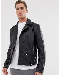 Barneys Originals Real Leather Zipped Biker - Black