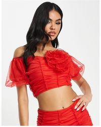 ASOS - Co-ord Mesh Corsage Off Shoulder Ruched Top - Lyst