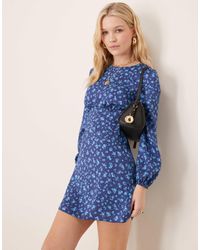 New Look - Satin Floral Long Sleeve Mini Dress - Lyst