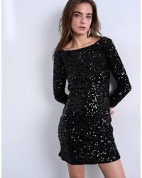 TOPSHOP - Mini Jurk Van Fluweel Met Lange Mouwen, Lovertjes En Een Gedrapeerde Achterkant - Lyst