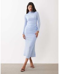 ASOS - Ruched Mesh High Neck Long Sleeve Midi Dress - Lyst