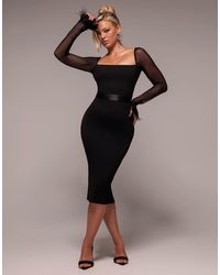 Goddiva - Dobby Mesh Feather Sleeve Bodycon Midi Dress - Lyst
