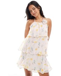 Pieces - Ruffle Tiered Mini Dress With Corsage Detail - Lyst