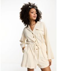 ASOS - Slouchy Linen Look Shirt Playsuit With Long Sleeve - Lyst