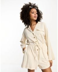 ASOS - Slouchy Linen Look Shirt Playsuit With Long Sleeve - Lyst