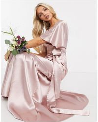 ASOS Bridesmaid Satin Kimono Sleeve Maxi Dress With Panelled Skirt And Belt - Pink