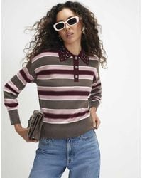 River Island - Stripe Embellished Knit Polo Shirt - Lyst