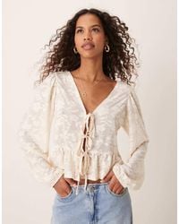 Miss Selfridge - Lace Puff Sleeve Tie Front Top - Lyst